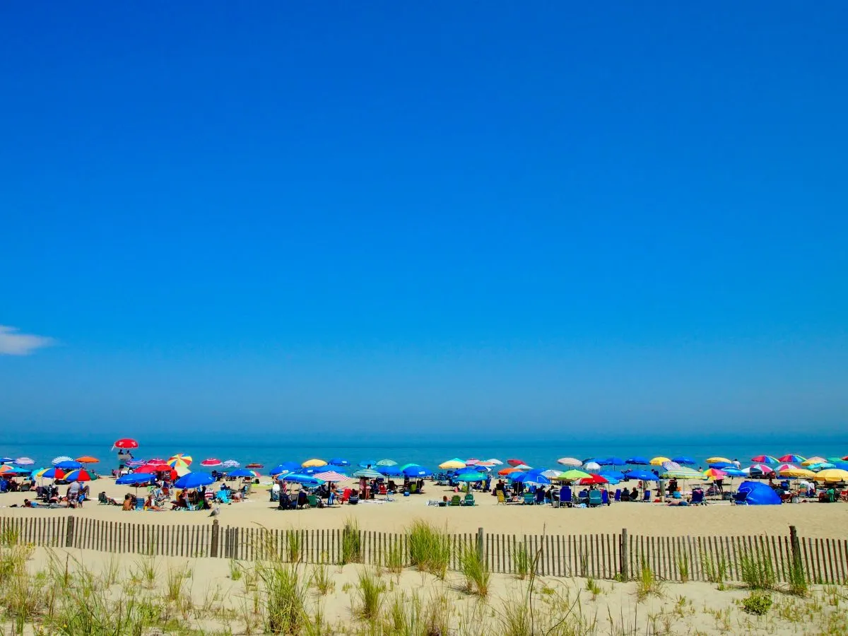 group of colorful umbrellas on the beach on a sunny day in rehoboth beach east coast town