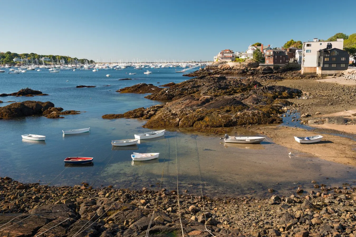 small fishing boats in marblehead massachusetts with harbor in the distance, one of the best coastal towns on the east coast