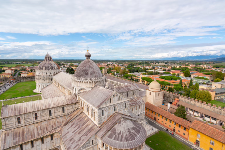 view of the pisa cathedral from above as seen after climbing the leaning tower of pisa