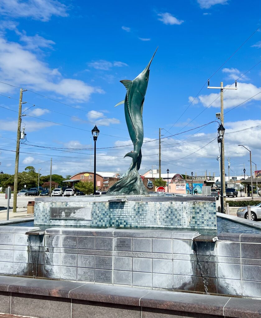 blue marlin statue in morehead city on a sunny day, one of the best places to visit in morehead nc