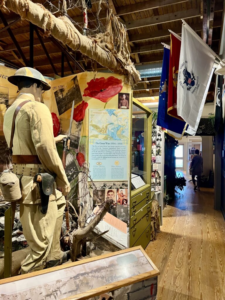 interior of carteret county historical museum depicting 20th century military contirbutions with diorama